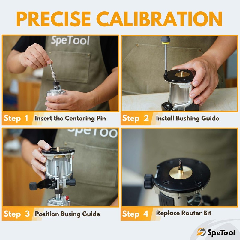 SpeTool Brass Router Template Bushing Guide Set with Centering Pin&Cone