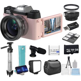 eDealz 4K 56MP Digital Camera Kit for Photography, Vlogging Camera YouTube with Flip Screen, WiFi, Wide Angle & Macro Lens, 64GB Micro SD Card, 50" Tripod, Case, Card Reader, Microphone, LED (Pink)