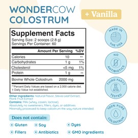 WONDERCOW WONDERCOW Colostrum Supplement Powder for Gut Health, Immune Support, Muscle Recovery & Wellness | Natural IgG Pure Whole Bovine Colostrum Superfood, Vanilla, 60 Servings