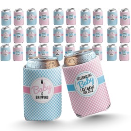 VictoryStore Gender Reveal Can Coolers – Custom “A Baby is Brewing” Pink & Blue Design, Set of 96 – Personalized Baby Shower Drink Sleeves – Fits 12oz Cans & 12–16oz Bottles – Foldable & Reusable