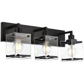 MELUCEE Bathroom Lighting Fixtures Over Mirror, 3-Light Modern Black Vanity Lights with Rectangular Clear Glass Shade, 23.8 Inches Indoor Wall Mount Light for Powder Room Kitchen Hallway