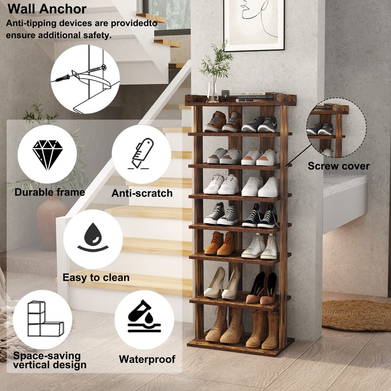 HOMEFORT 7-Tier Wood Shoe Rack, Double Rows Shoe Shelf, Shoe
