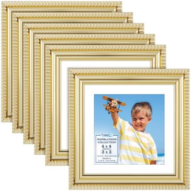 Icona Bay - 4x4 Picture Frames with Removable Mat for 3x3 Photos - Gold, 6 Pack - Beautifully Detailed Molding - Contemporary Picture Frames - Wall Mount or Table Top - Inspirations Collection