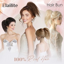 Elailite Tousled Updo Messy Bun Hair Piece Short Ponytail Extension Claw Clip Real Human Hair For Women Donuts Chignon - Mix #4/27 Medium Brown & Dark Blonde