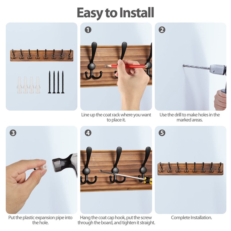 PHINGEER Coat Rack Wall Mount, Wooden Heavy Duty Coat Rack