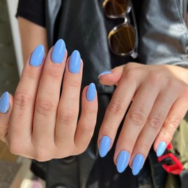 Lake Blue Press on Nails Short Almond Oval Glossy Fake Nails 24Pcs, Solid Color Nails press ons 12 Sizes, Reusable Nail Kit, Stick on Nails for Women and Girls Daily Wear