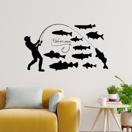 Large Vinyl Wall Decal Fisherman Fishing Hobby Fishes Stickers Mural Large Decor (ig4393) Black