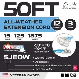 Iron Forge Cable Outdoor Extension Cord 50 ft, 12 Gauge Extension Cord with Multiple Outlets, All Weather Extreme Cold & Hot Temperatures from -58°F to +194°F, 12/3 SJEOW Blue Heavy Duty Lighted Cable