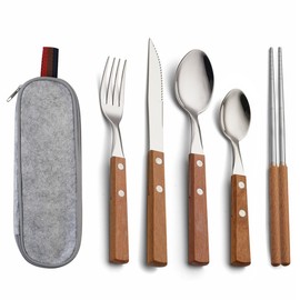 Today's Present Stainless Steel Reusable Travel Utensils Set with Case, Healthy & Eco-Friendly 6 Pcs Fork Spoon Knife Chopsticks Wooden Handle Silverware Set for Home Kitchen Camping Travel