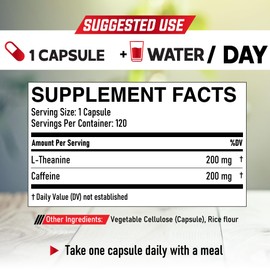 L-Theanine 200mg Capsules & Pure Caffeine Pills 200mg - Smart Smooth Energy Production, Alertness, Cognitive & Focus Clarity Supplement - 120 Capsules for 4 Months - Non-GMO & Gluten Free