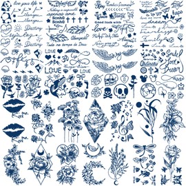30 Sheets Semi-Permanent Tattoos for Women, Inspirational Words, Tattoo Stickers, Flower, Rose, Dark Blue, Fake Tattoos for Adults, Children, 1-2 Weeks Long Waterproof Tattoo (Dragonfly)