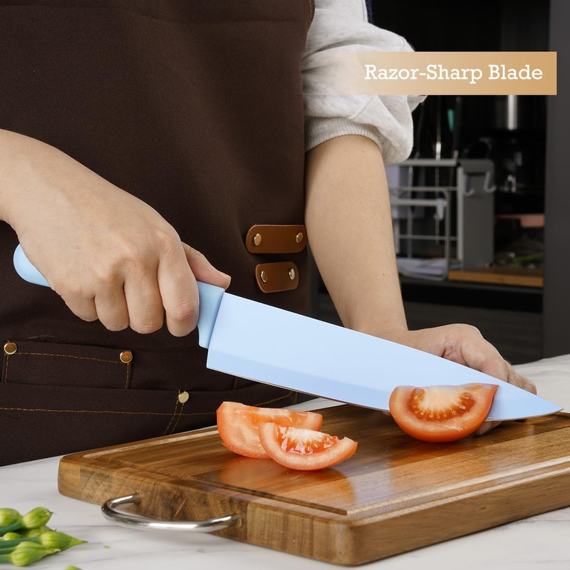 Elitequo 8 Piece Kitchen Knife Block Set with Sharpener,Dishwasher Safe,German