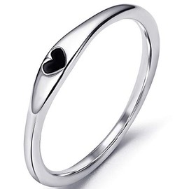 Stainless Steel Heart Shape Classical Wedding Band Stackable Ring (Silver & Black, 4.5)