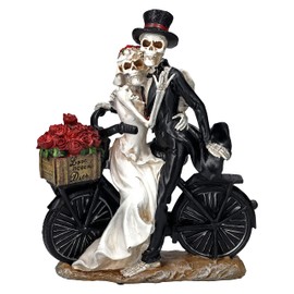 Pacific Giftware Love Never Dies Newly Wed Skeleton Couple Rose Basket Bike Statue 12.2” Tall