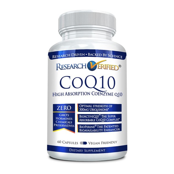 Research Verified CoQ10-100% Pure Extra Strength 300mg CoQ10 – Improved Absorption and Bioavailability with Bioperine - Boost Antioxidant Levels, Improve Cardiovascular Health, 60 Vegan Capsules