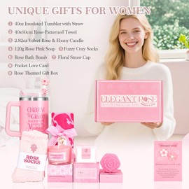 Gifts for Women Self Care Gifts Get Well Soon Gifts Thank You Gifts Retirement Gift, Rose Relaxing Spa Gift Basket Self Care Package for Women Girlfriend Wife Mom Sister Friend Her w/ 40oz Tumbler