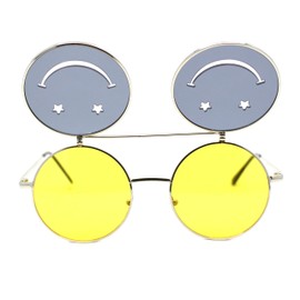 Retro Smiley Face Double Flip Up Round Circle Lens Hippie Sunglasses (Silver - Yellow Black)