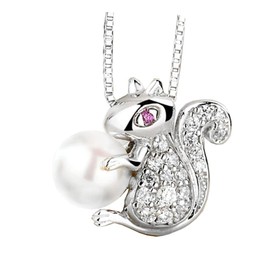 findout child girls gift sterling silver pearls 7mm cute little squirrel full crystal pendant necklace(f1457)