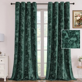 H.VERSAILTEX Velvet Curtains for Bedroom 96 Inches Long 2 Panels Grommet Room Darkening Thermal Insulated Luxury Drapes for Living Room, Birds and Lotus Boho Style Decorations - Vintage Green