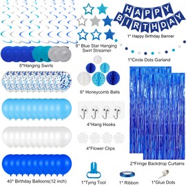 Bublonics Blue Birthday Decorations with 40pcs Blue Balloons White Clear Bobo Balloons ,Honeycomb Ball, Circle Dot Garland ,Blue Fringe Curtain,Birthday Decorations for Women Men Boys Girls