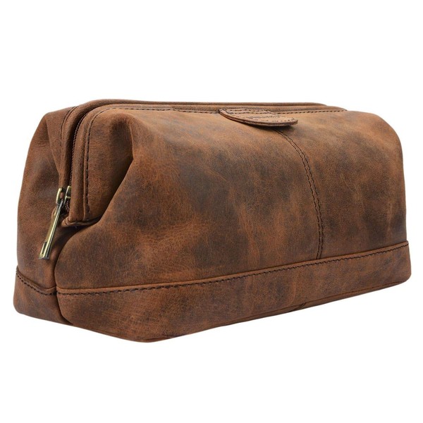STILORD 'Laurin' Mens Wash Bag Travel Leather Vintage Sponge Bag with Zipper Wash Bag Toiletry Bag for Overnight Holiday Weekend in Genuine Leather, Colour:Sepia - Brown