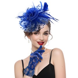 5Pcs Fascinators Hat for Women Tea Party Veil Mesh Headband Feather Hat for Women Veil Tea Party Hats (Royal Blue)