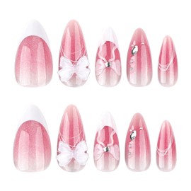 Almond Press on Nails French Tip Fake Nails Medium False Nails Cat's Eye Artificial Nails with 3D Bow Designs Stick on Nails Sparkly Cute Glue on Nails for Women 24cps