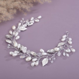 Teyglen Leaf Bride Wedding Headband Silver Leaf Hair Vine Handmade Crystal Pearl Hair Piece Bridal Headpiece Rhinestone Hair Accessories for Women (Silver)