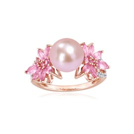Pearl Flower Cocktail Ring Pink Morganite Pearl Rings for Women 10mm Round Pearl Engagement Ring for Her, Size 5-9 (Pink Flower, 5)
