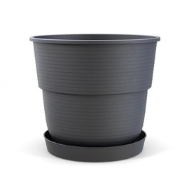 Plastard Flower Pots Set of 3, 22 cm Diameter with Saucer Made of Plastic, Anthracite, Round Planter, Weather-Resistant Planter, Large Flower Pots
