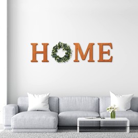 HOME Wall Decor Signs, Wood Home Signs, Farmhouse Home Sign Home Wall Décor, Home Wall Sign, Housewarming Gift, Wall Décor, Farmhouse Style Wall Décor with Eucalyptus Wreath (Large, Cherry)