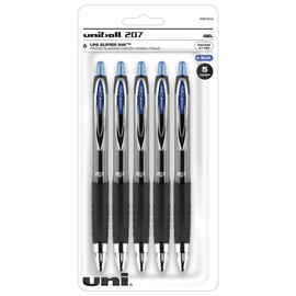 Uniball Signo 207 Blue Retractable Gel Pens 5 Pack with Medium 0.7mm Points, Uni-Ball Click Pens are Fraud Proof and the Best Office Pens, Nursing Pens, Business Pens, School Pens, and Bible Pens