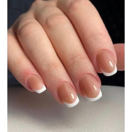 Artquee French Tip Press on Nails Short Classic French Square False Tips Pink White Glossy Reusable Fake Stick on Nails Kit for Women - 30 Pcs 15 Sizes