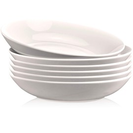 6 Porcelain Pasta Bowls - Bowl Dish Set for Salad, Desserts, Soup - 22 Ounce Eggshell White Stackable, Microwaveable, and Dishwasher-Safe Dinnerware Set - by DecorDine