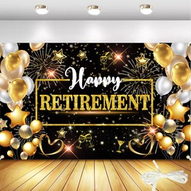 Retirement Party Decorations - 71x44 Inch Large Happy Retirement Banner Backdrop with Black and Gold Design, Includes 19.69ft Ribbon for Photo Booth Studio Props and Party Decorations