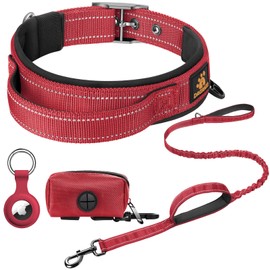 DAGANXI Dog Collar Adjustable Soft Neoprene Padded Breathable Reflective Strip Nylon Collar for Small Medium Large Dogs, with Airtags Case and Dog Poop Bags Dispenser (Large, Red/Black-Set)