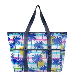 KUAK Mesh Beach Bag Extra Large Lightweight Foldable Printed Mesh Tote Bags with 9 Pockets, Zip Closure, Inner Waterproof Pocket for Swim Pool Shopping Picnic Family Vacation Travel