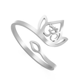 Lotus Om Ring For Women Stainless Steel Spiritual Buddhism Scripture Open Lotus Om Symbol Ring Religious Yogi Symbol Jewelry, Stainless Steel