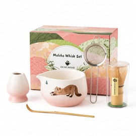 Ochcahser - Juego de matcha con patrón de gato, juego de batidor matcha incluye tazón matcha de 17 onzas con boquilla, soporte para batidores, batidor y cuchara de bambú, tamiz matcha de cerámica, kit