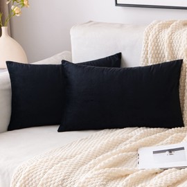 EMEMA Velvet Cushion Covers Black Decorative Throw Pillow Case 12x20 Inch 30x50 cm Pillow Covers for Livingroom Sofa Bedroom Pack of 2