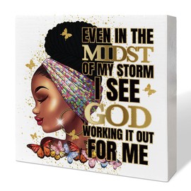 Christian Black Women Girl Art Desk Decor, African American Decor for Home Office Black Queen Living Room Bedroom Afro Women Decoration, Black Women Gifts, I See God Working, Wooden Box Sign