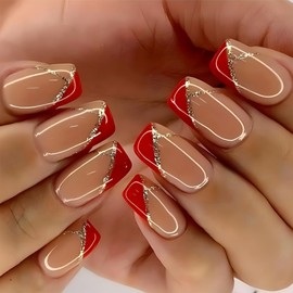 Red French Tip Press on Nails Short Square Fake Nails Glitter Lines Acrylic Stick on Nails Nude Nails Reusable Glue on Nails Natural False Nails Holiday Daily for Women Girls 24PCS