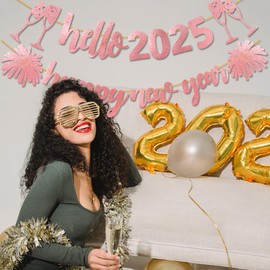 Happy New Year Banner Pink Glitter 2025 New Year's Eve Hello 2025 Cheers to 2025 New Year Garland for New years Winter Festive Holidays Christmas Party Decorations By GotGala