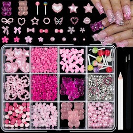 3D Nail Charms and Gems Kit Pink Cute Assorted Candy lollipop Gummy Bear Star Nail Charms with Picker Tools Kawaii Nail Art Charms for Nails Design Supplies Junk Cases DIY Decor Accessories