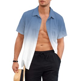Mens Gradient Linen Shirts Casual Button Down Short Sleeve Beach Hippie Shirts Navy