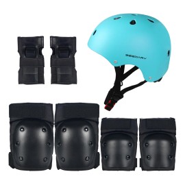 7pzs Kit De Proteccion Casco Codo Mano Patinaje Rodilla Niño Color Azul-s