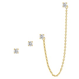 BRAYEG Two Hole Earrings Double Chain Stud Earrings 18K Gold Earrings for Women 3mm Cubic Zirconia 7cm Long Chain Double Stud