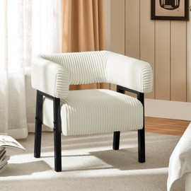 Yaheetech Corduroy Barrel Accent Chair, Modern Upholstered Armchair with Solid Wood Legs, Cozy Leisure Chair with Pocket Coiled Seat for Living Room, Bedroom, Reading Nook Beige