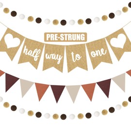 Half Way to One Banner, 4 Pcs 1/2 Birthday Decorations Burlap Pennant and Felt Brown Cream Beige Bunting with Pom Pom Ball Garland 6 Months Photoshoot Props for Neutral Baby Boy Girl Boho Party Favor