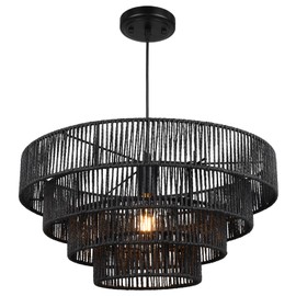 20" Boho Woven Pendant Light Fixture, Farmhouse Black Hanging Light Retro 4-Tier Drum Wicker Chandelier for Dining Room, Kitchen Island, Living Room, Hallway ROS6847